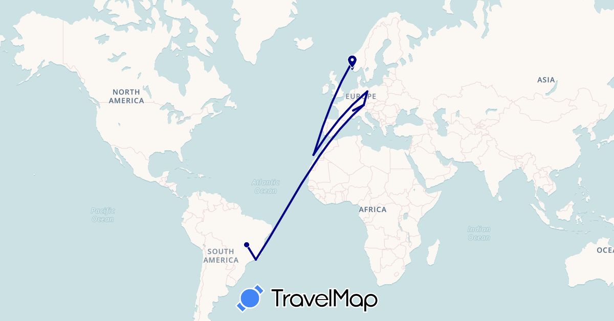 TravelMap itinerary: driving in Brazil, Switzerland, Germany, Spain, Norway (Europe, South America)
